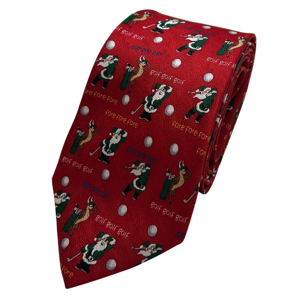 Cape Cod Neckwear Mens Tie Red OS Christmas Santa Golf Reindeer Silk Handmade